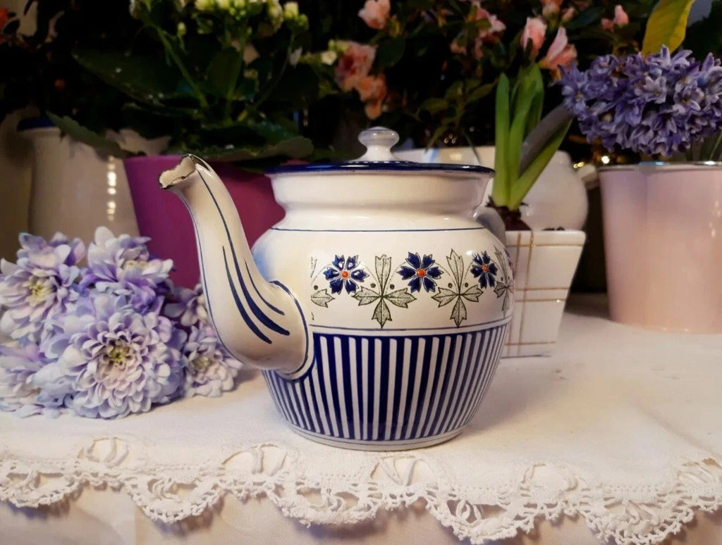 RARE antique enameled french teapot BB freres blue flowers stripes 1930 Art Deco