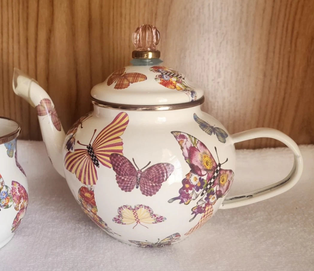Retired - Mackenzie Childs White Butterfly Garden 4 Cup Teapot NWOT