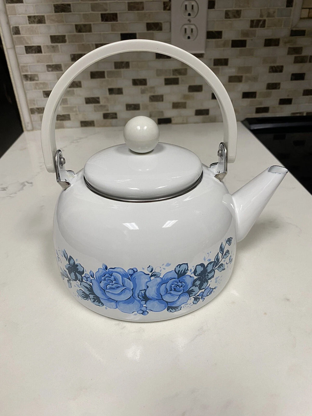Vintage Enamel Lincoware Tea Pot Kettle White with Plastic Handle-Blue Flowers