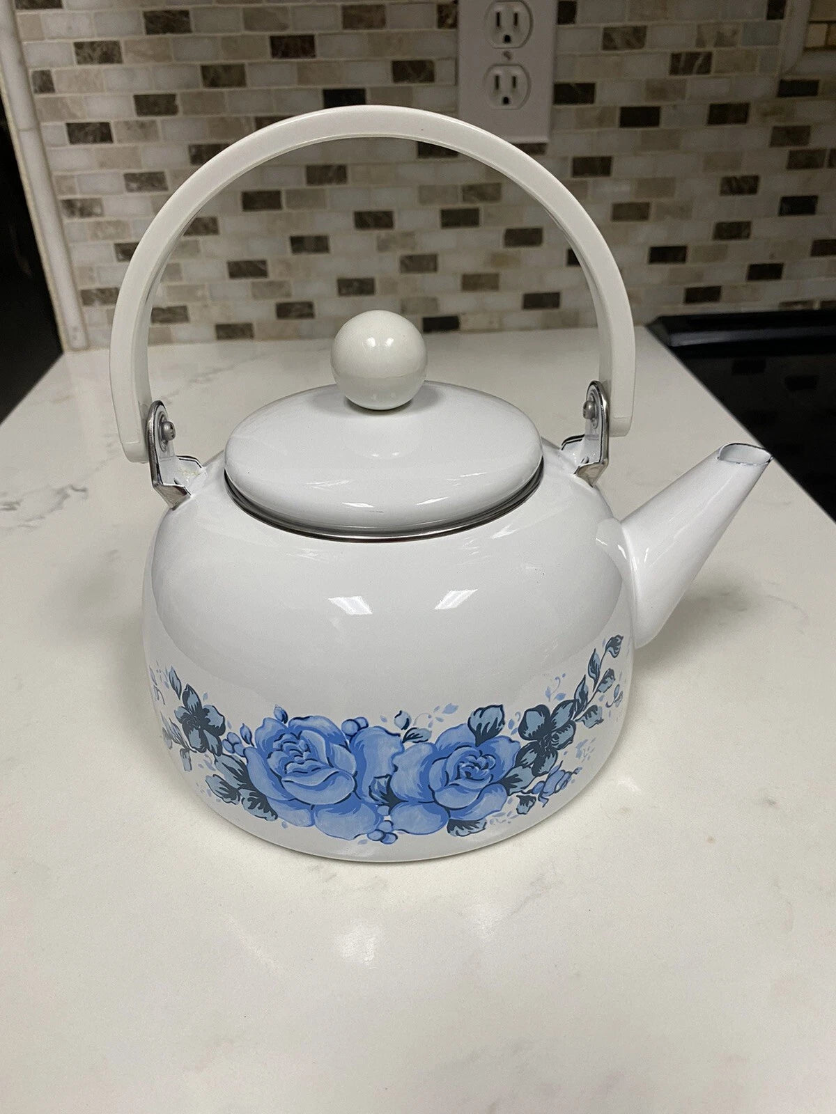 Vintage Enamel Lincoware Tea Pot Kettle White with Plastic Handle-Blue Flowers
