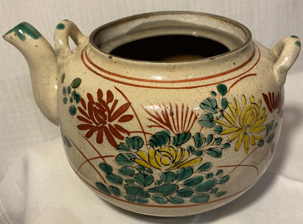 Antique Japanese Yellow Ware Ceramic Famille Rose Raised Enamel Teapot Signed