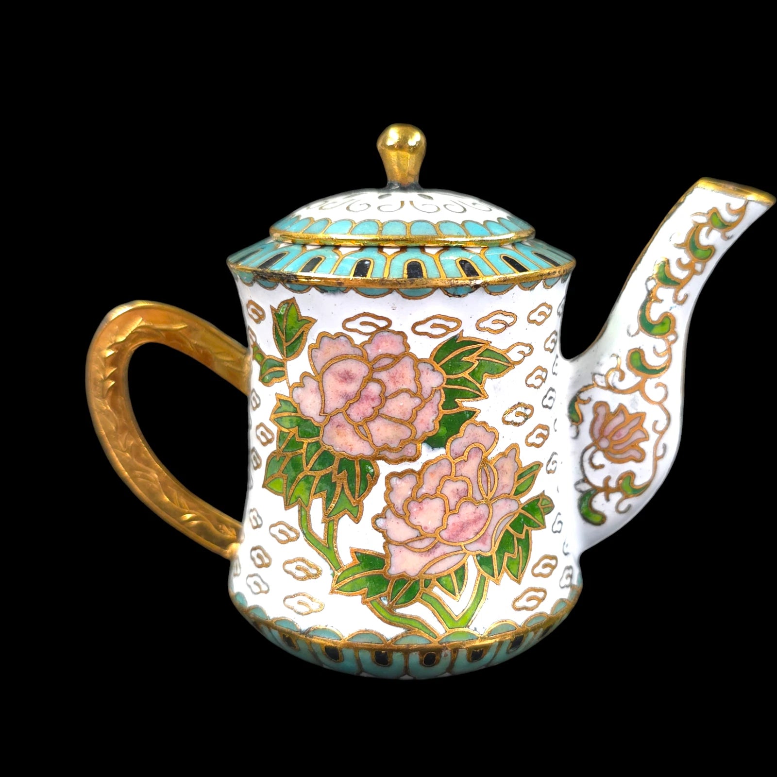 Vintage Enamel Cloisonne Miniature Teapot, Pink Rose Floral, Turquoise, 2.5" H