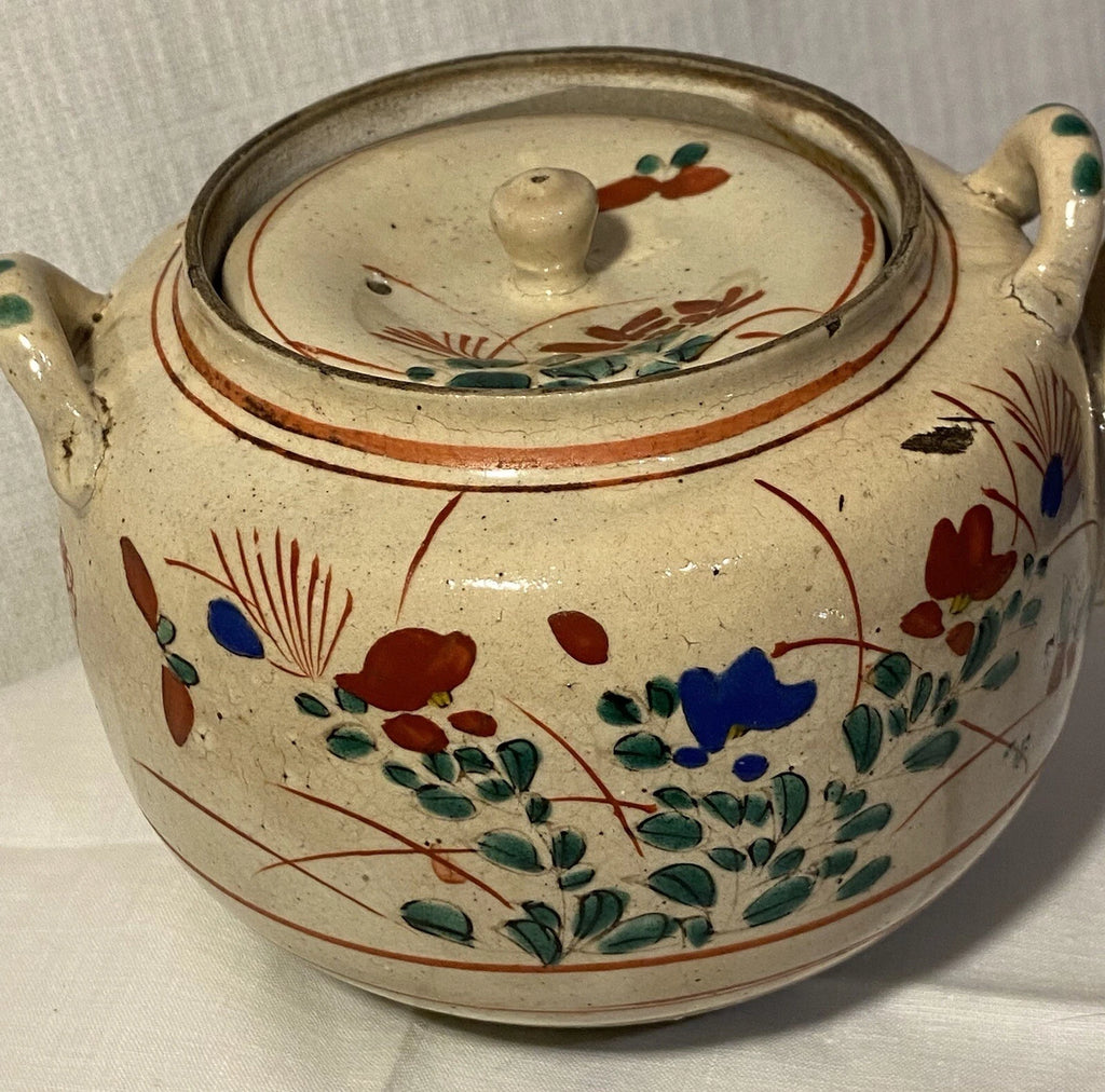 Antique Japanese Yellow Ware Ceramic Famille Rose Raised Enamel Teapot Signed