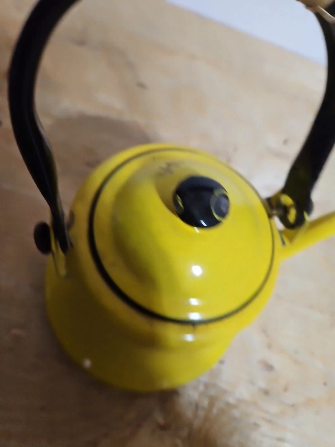 Vintage yellow and black enamel teapot kettle with handle and lid Japan