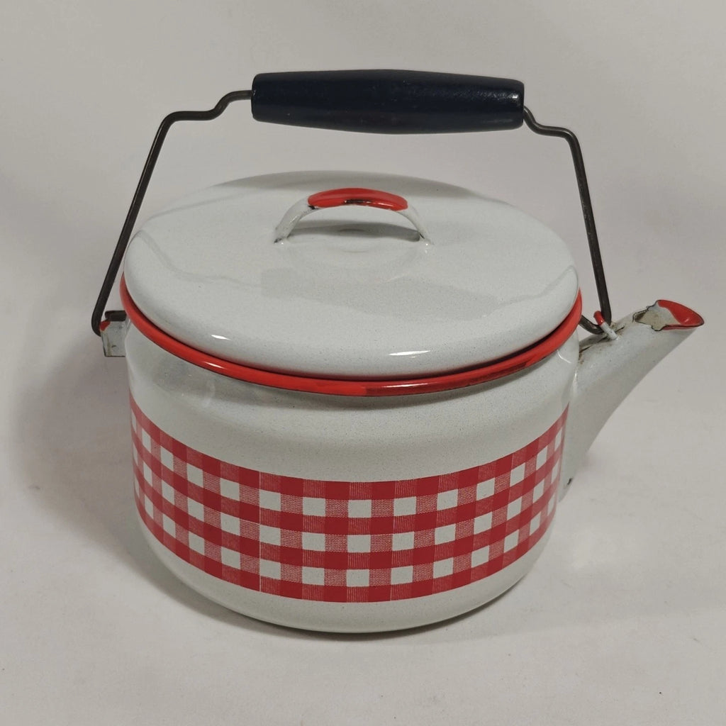 Enamelware Red White Gingham Check Teapot Kettle Metal Rustic Farmhouse Decor