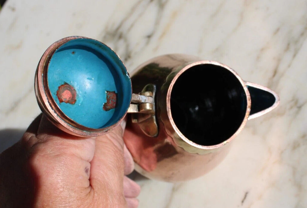 Antique Tea Pot Blue Enamel Chinese Solid Copper w/Brass Handle 6.25" Vintage