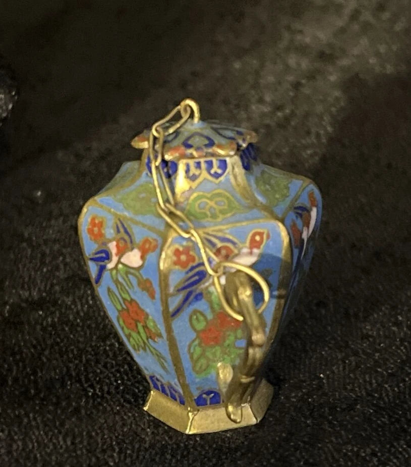 VTG  CLOISONNE ENAMEL ON BRASS HEXAGONAL TEA POT, BIRDS FLORAL pl