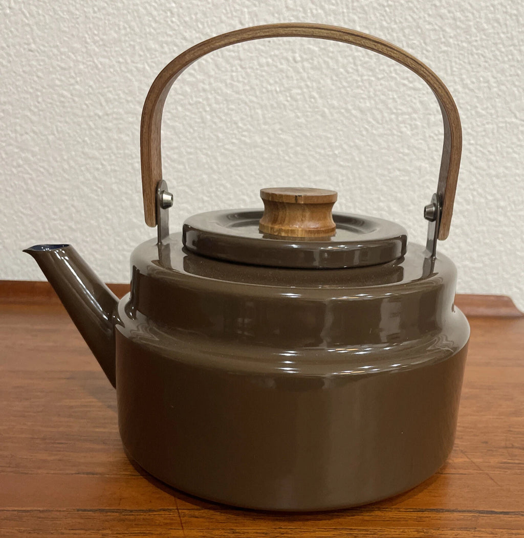 Mid Century Brown Enamel Tea Pot with Blue Enamel Interior
