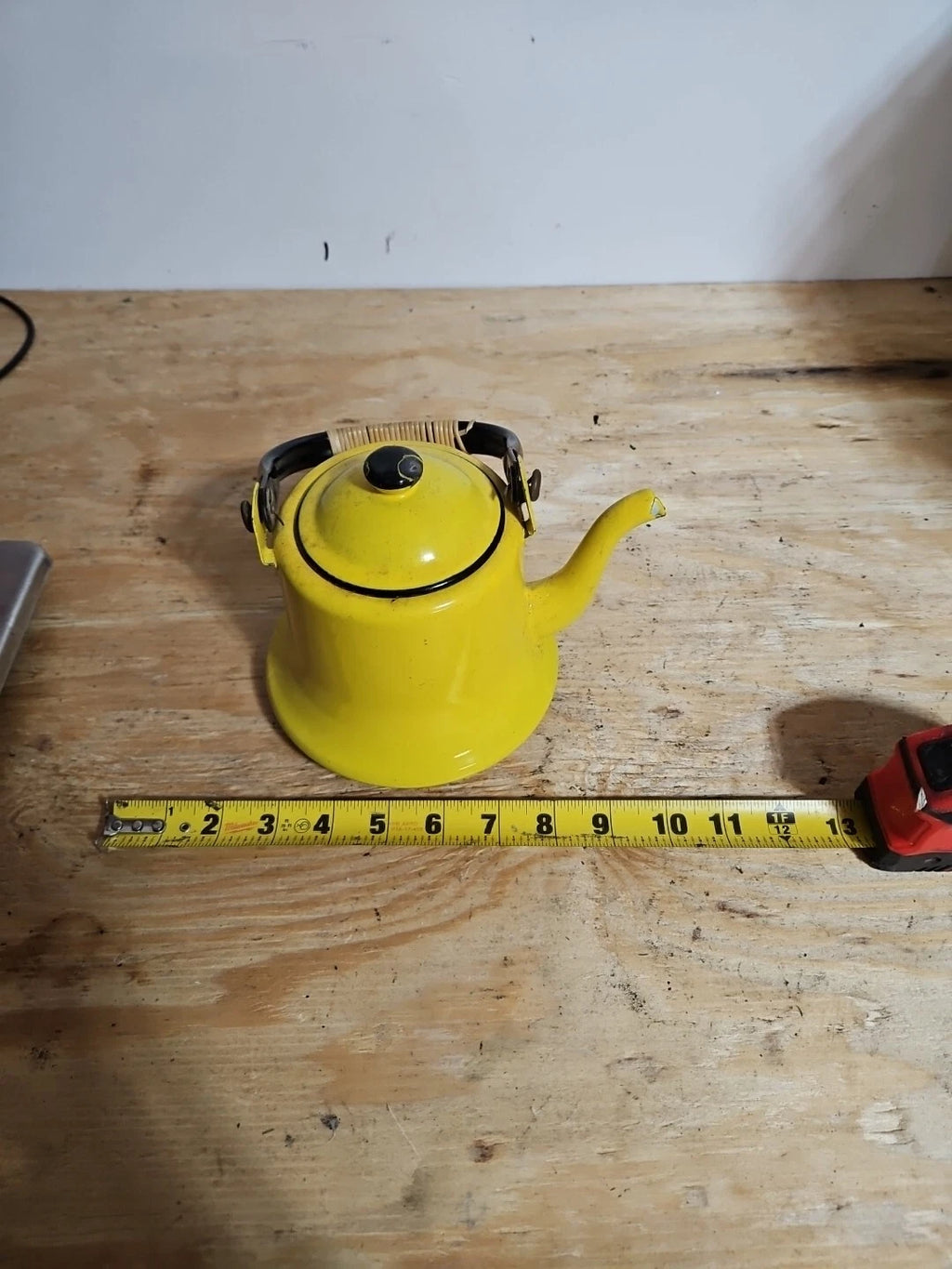 Vintage yellow and black enamel teapot kettle with handle and lid Japan