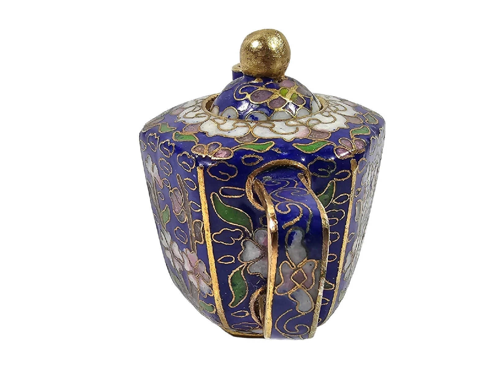 Enamel Cloisonne Miniature Blue Flower Teapot Figure