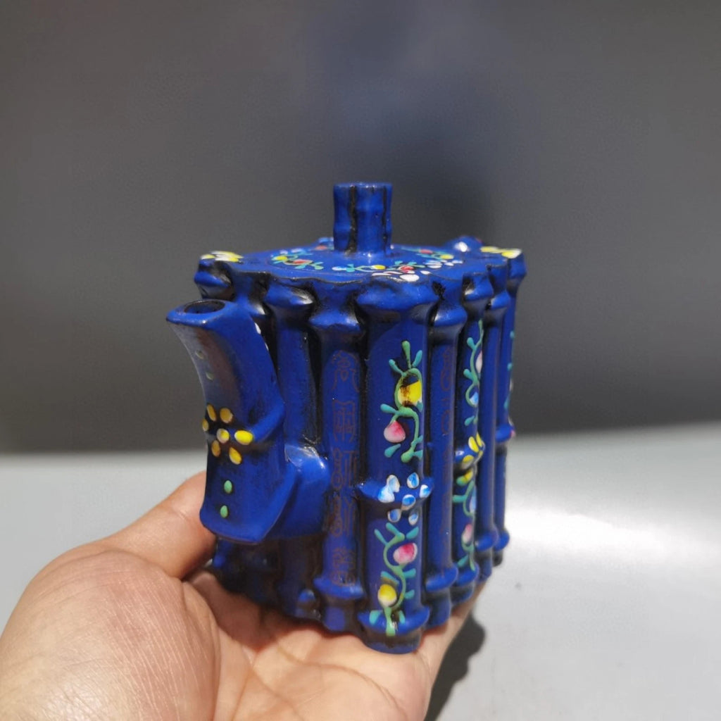 Chinese Clay Pot Purple Sand Fired Bamboo Enamel Square Sculpture Oriental Decor