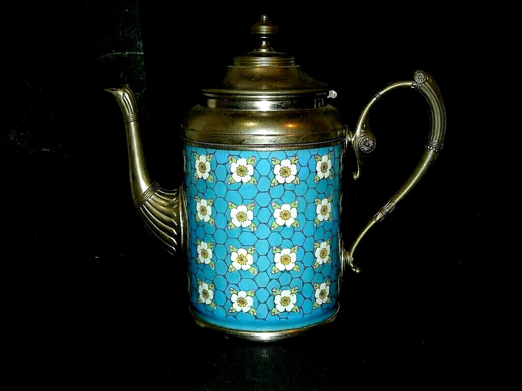 Pewter-Trimmed Blue & White Graniteware APPLE BLOSSOM Teapot - Enamel Ware