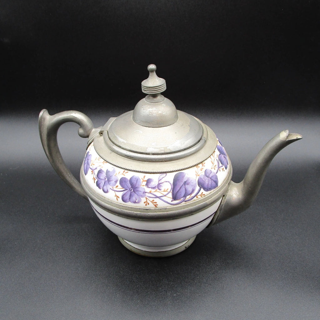 Graniteware enamel pewter teapot purple floral design Manning, Bowman Co.