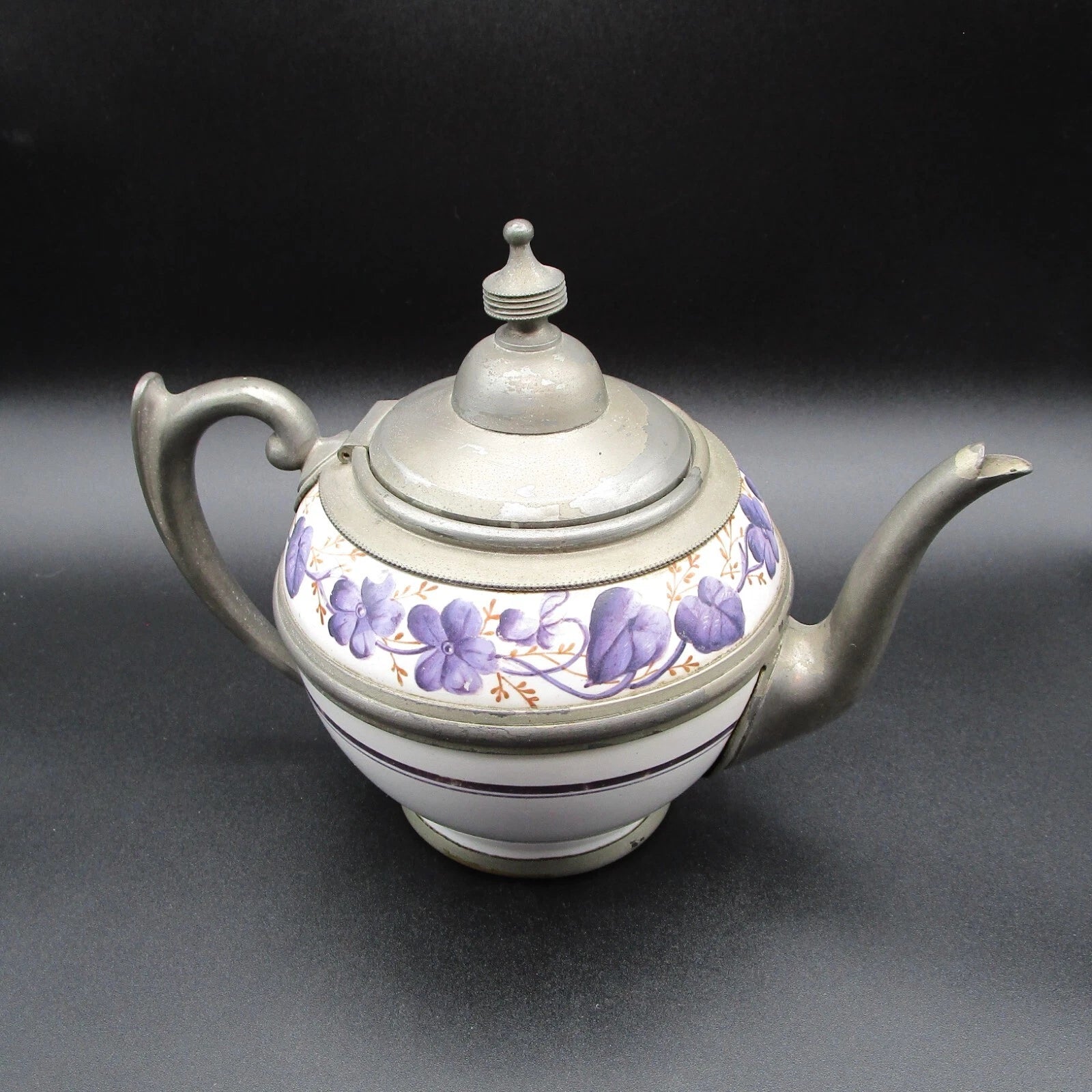 Graniteware enamel pewter teapot purple floral design Manning, Bowman Co.