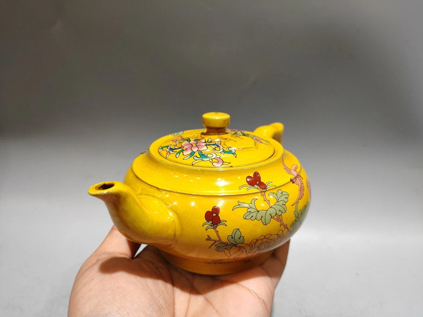 Yixing Purple Teapot Ornament Exquisite Figurine Enamel Painted Floral Motif