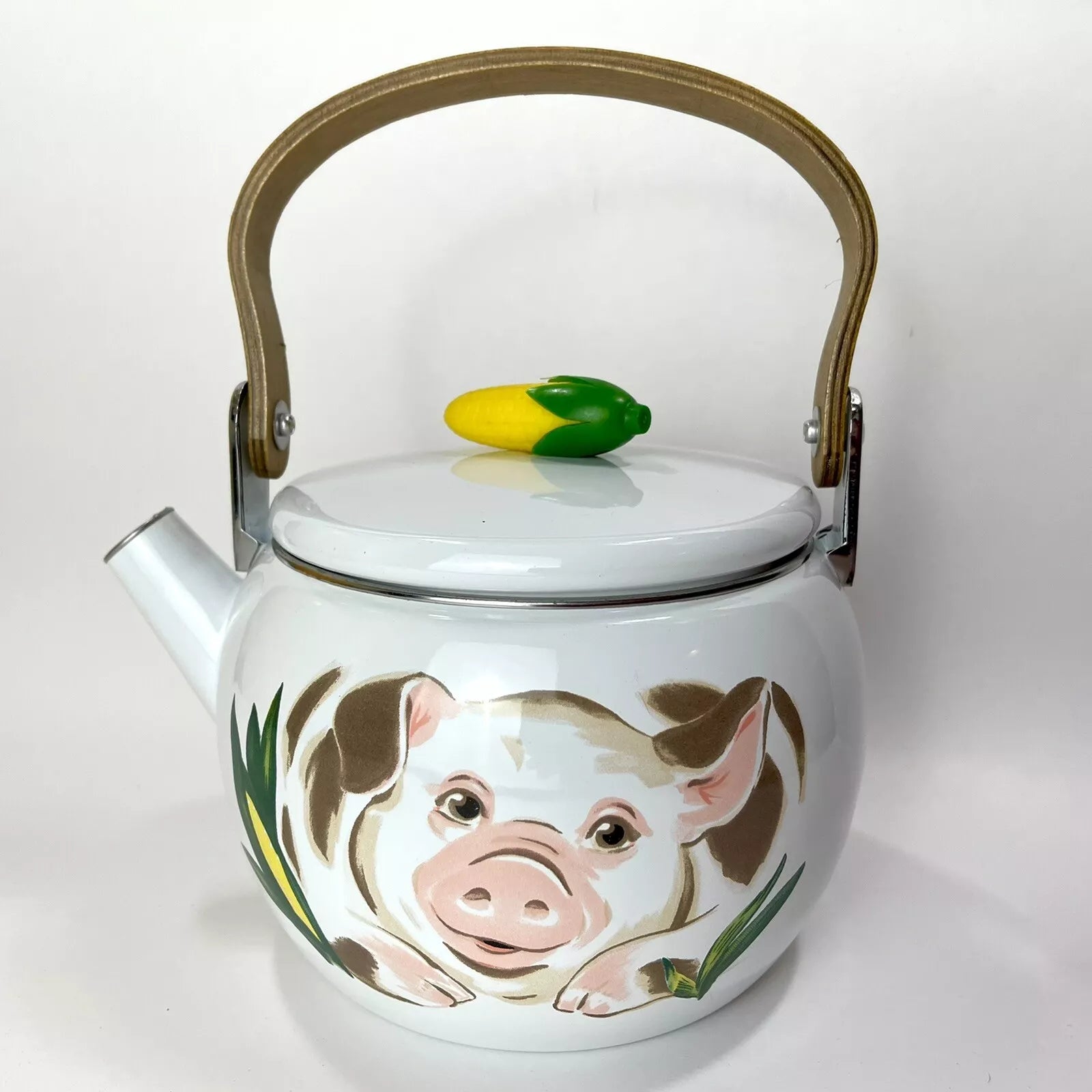 Vtg Enamel Tea Kettle With Pig And Plastic Corn Lid Handle Wood Handle