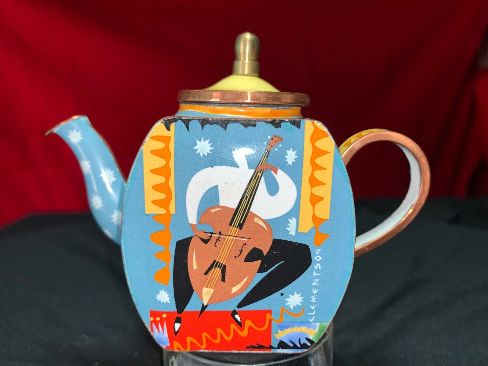 John Clementson Miniature Cello Funk Brass and Enamel Teapot