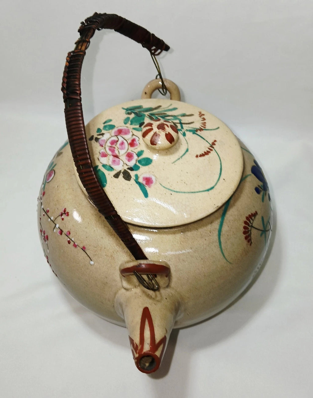 Antique Japanese Yellow Ware Ceramic Famille Rose Raised Enamel Teapot