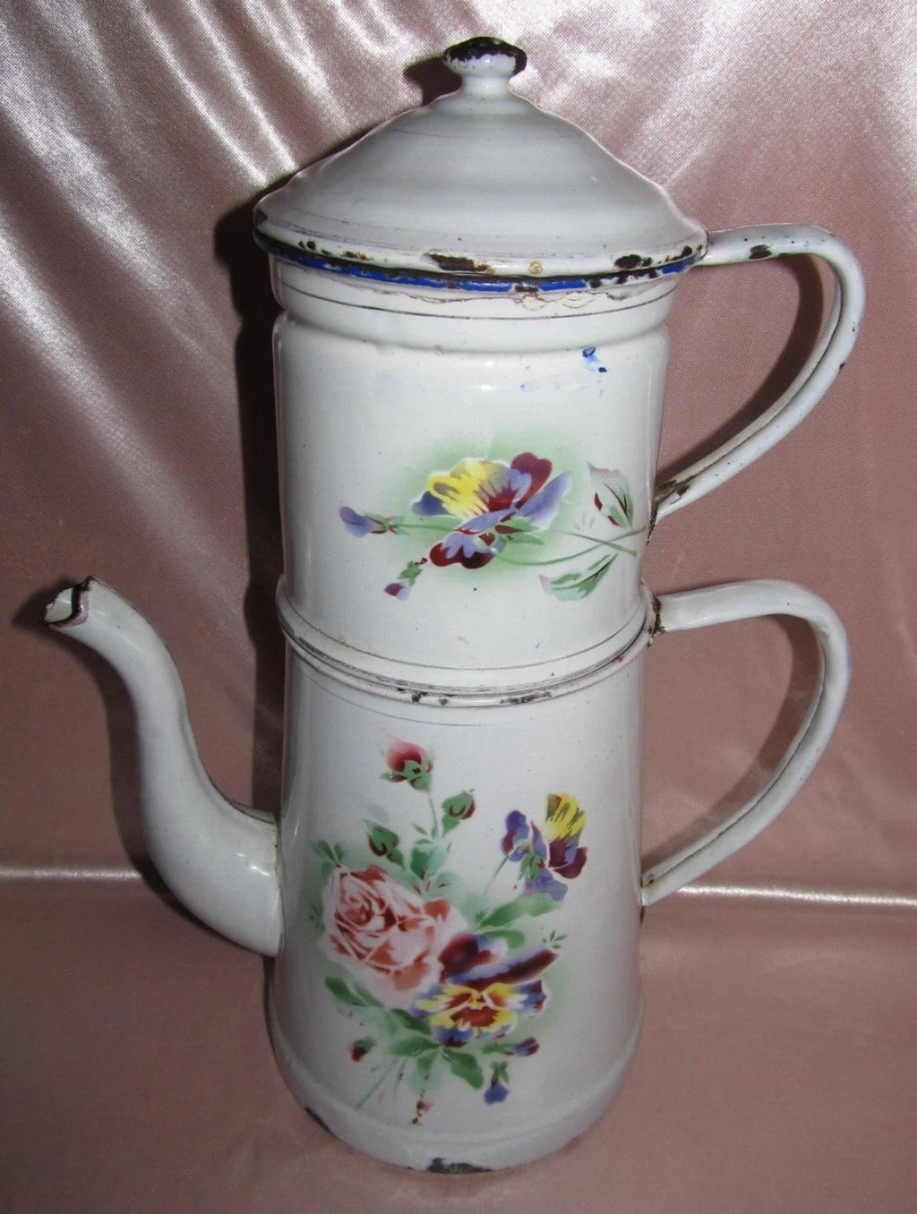 Large White Enamel Coffee Pot With Rose And Pansy Decoration H 36 Cm