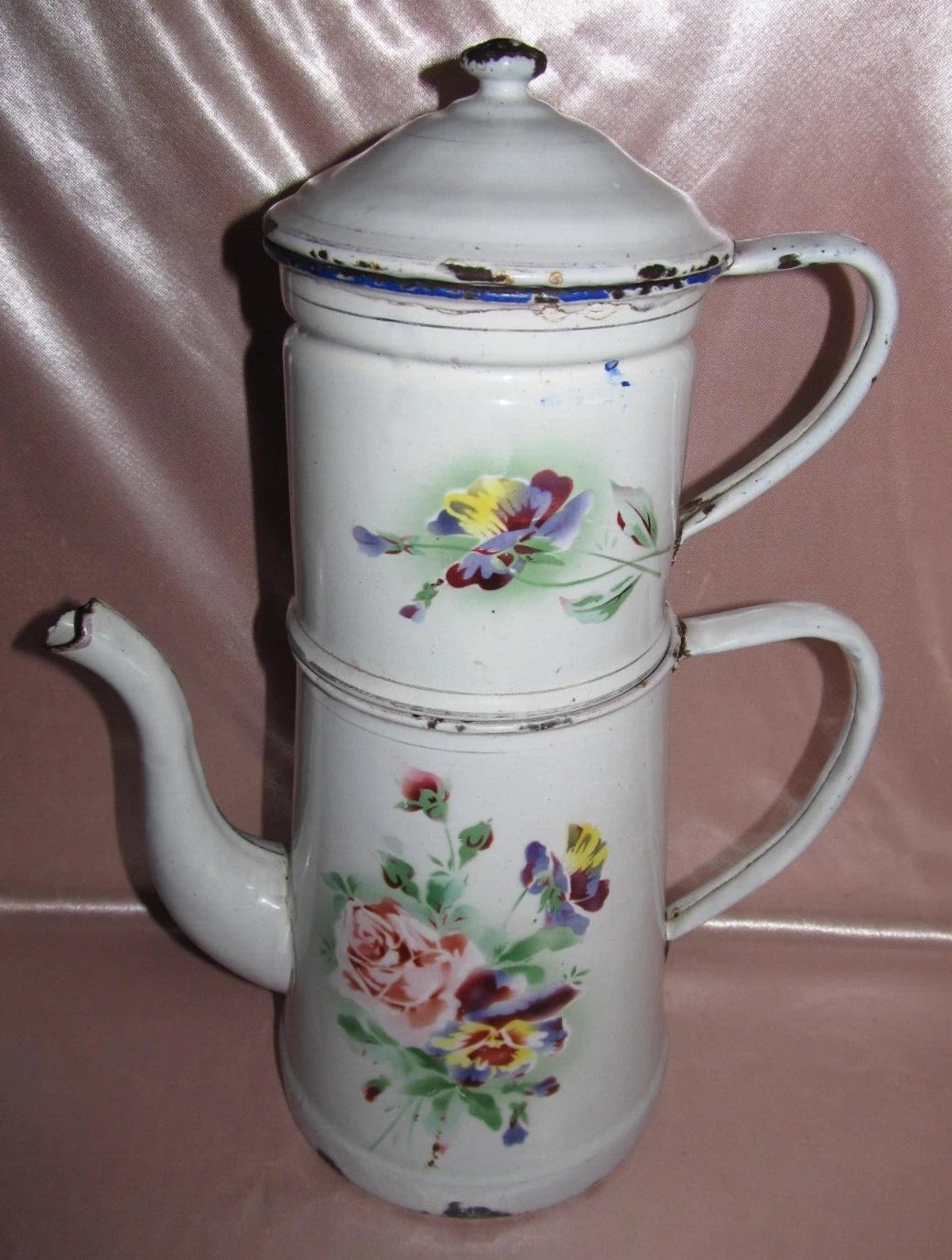 Large White Enamel Coffee Pot With Rose And Pansy Decoration H 36 Cm