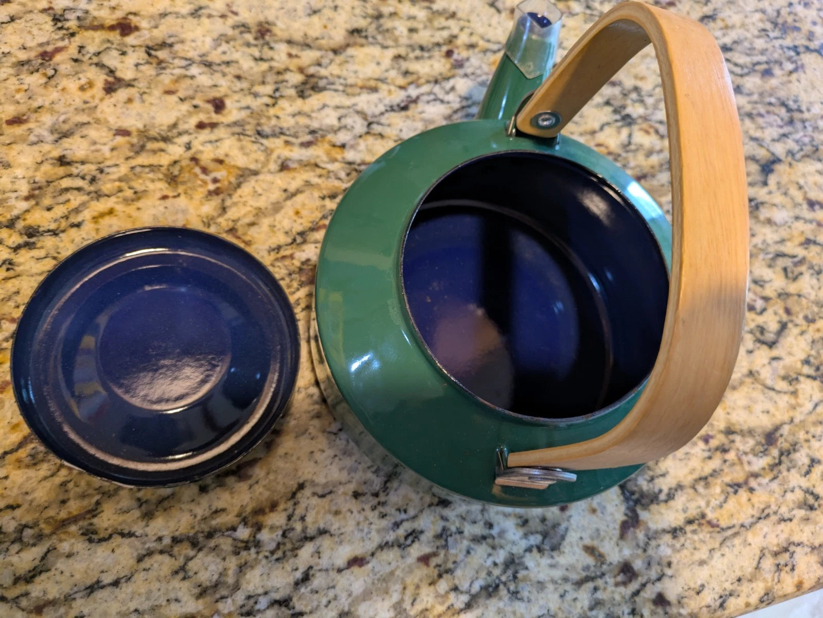 Vintage Green Enamel Tea Kettle with Wood Handle