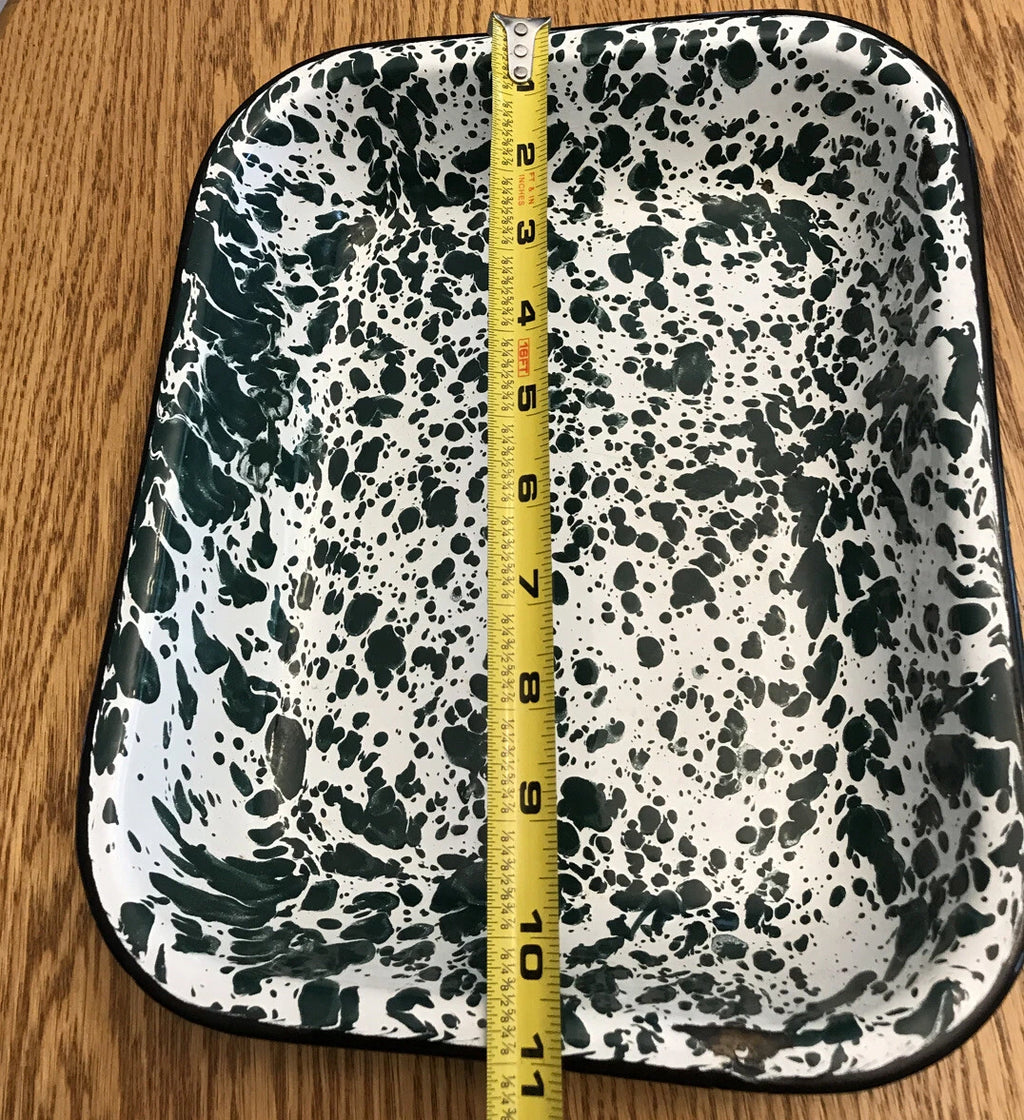 Green & White Speckled Enamel Lot Of 3 Coffee Tea Pot, Rectangle & Round Pan B38