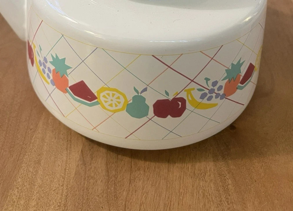 Vintage Lincoware White Enamel Metal Fruit Motif Teapot Tea Kettle Pot Retro