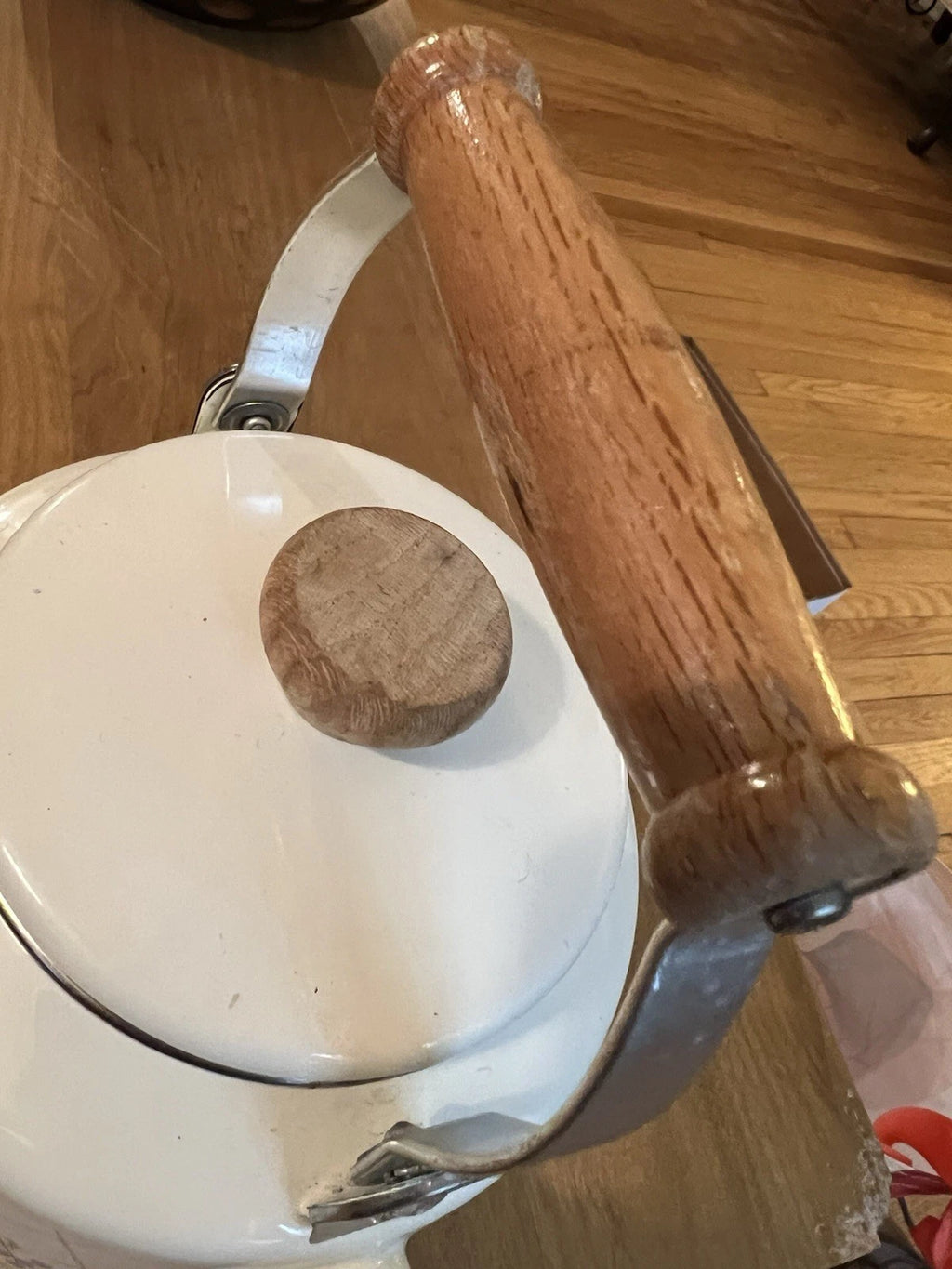 Vintage Lincoware White Enamel Metal Fruit Motif Teapot Tea Kettle Pot Retro