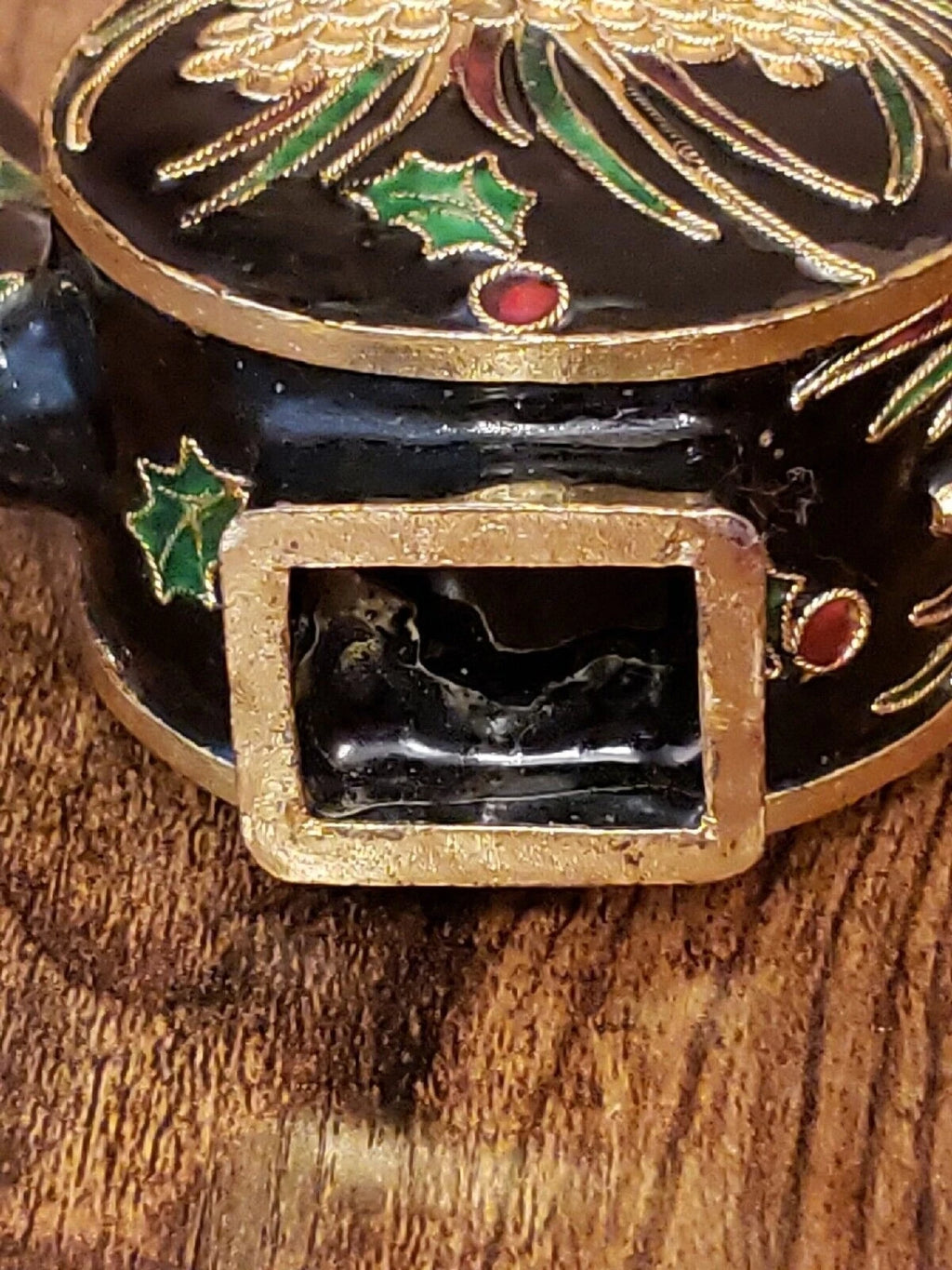 Miniature Decorative Enamel Teapot Black Gold Red Green Cloisonne Holly Berry