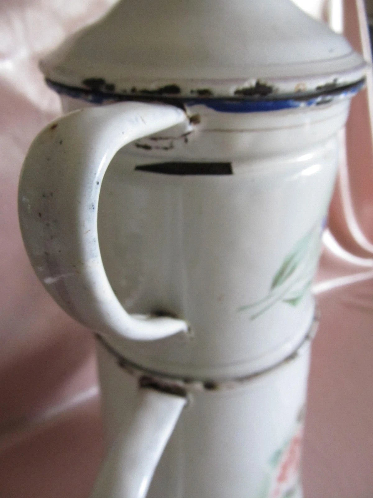 Large White Enamel Coffee Pot With Rose And Pansy Decoration H 36 Cm