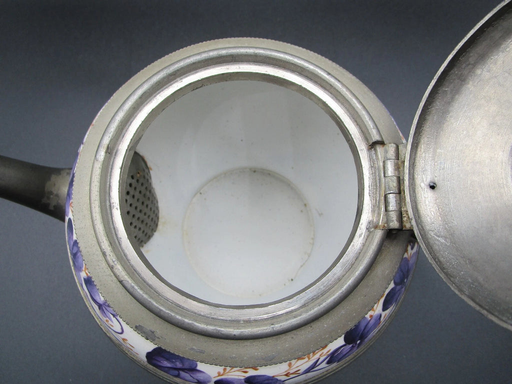 Graniteware enamel pewter teapot purple floral design Manning, Bowman Co.