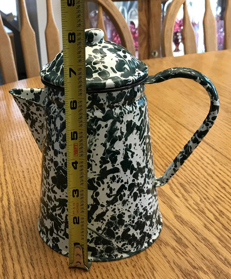 Green & White Speckled Enamel Lot Of 3 Coffee Tea Pot, Rectangle & Round Pan B38