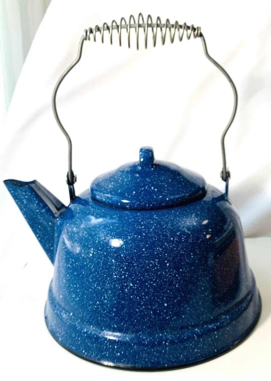 Vintage Cobalt Blue & White Speckled Enamelware Tea Pot Camping Kettle