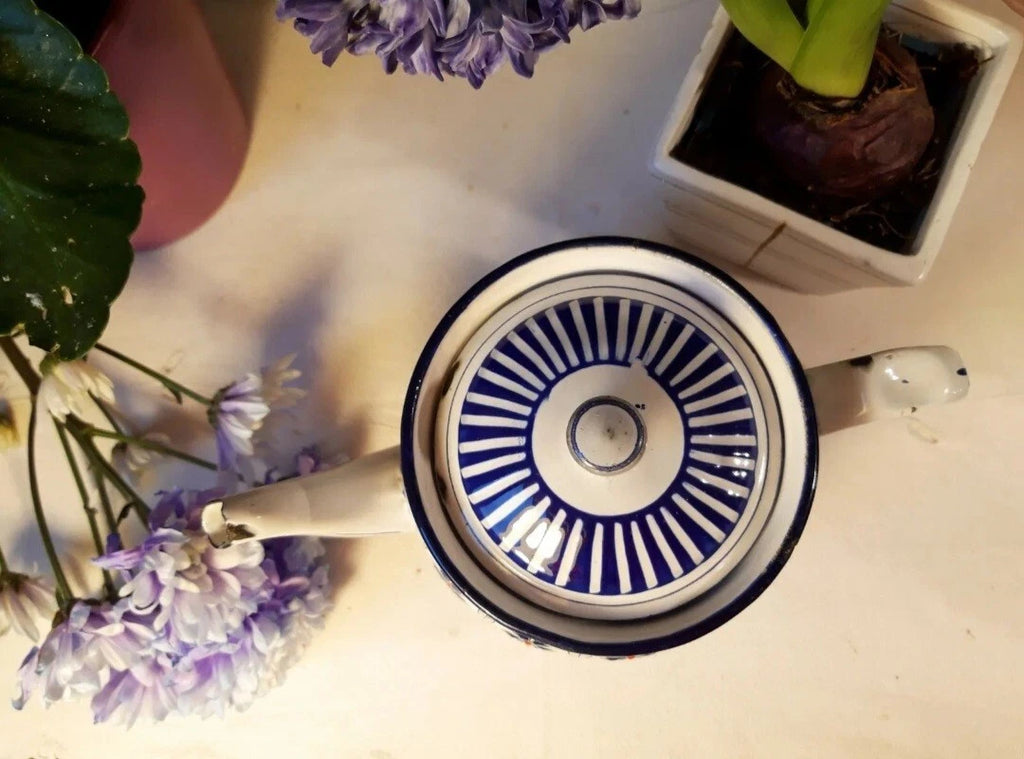 RARE antique enameled french teapot BB freres blue flowers stripes 1930 Art Deco