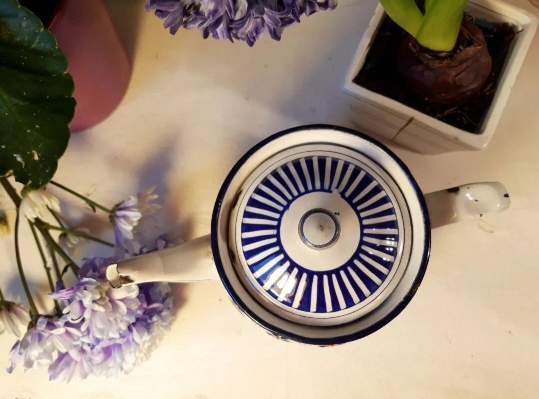 RARE antique enameled french teapot BB freres blue flowers stripes 1930 Art Deco