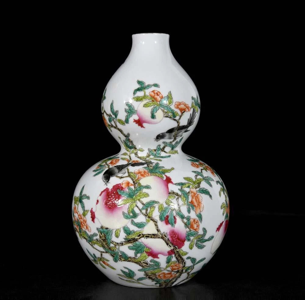 Yongzheng Signed Old Chinese Colour Enamel Gourd Vase W/flower N3292