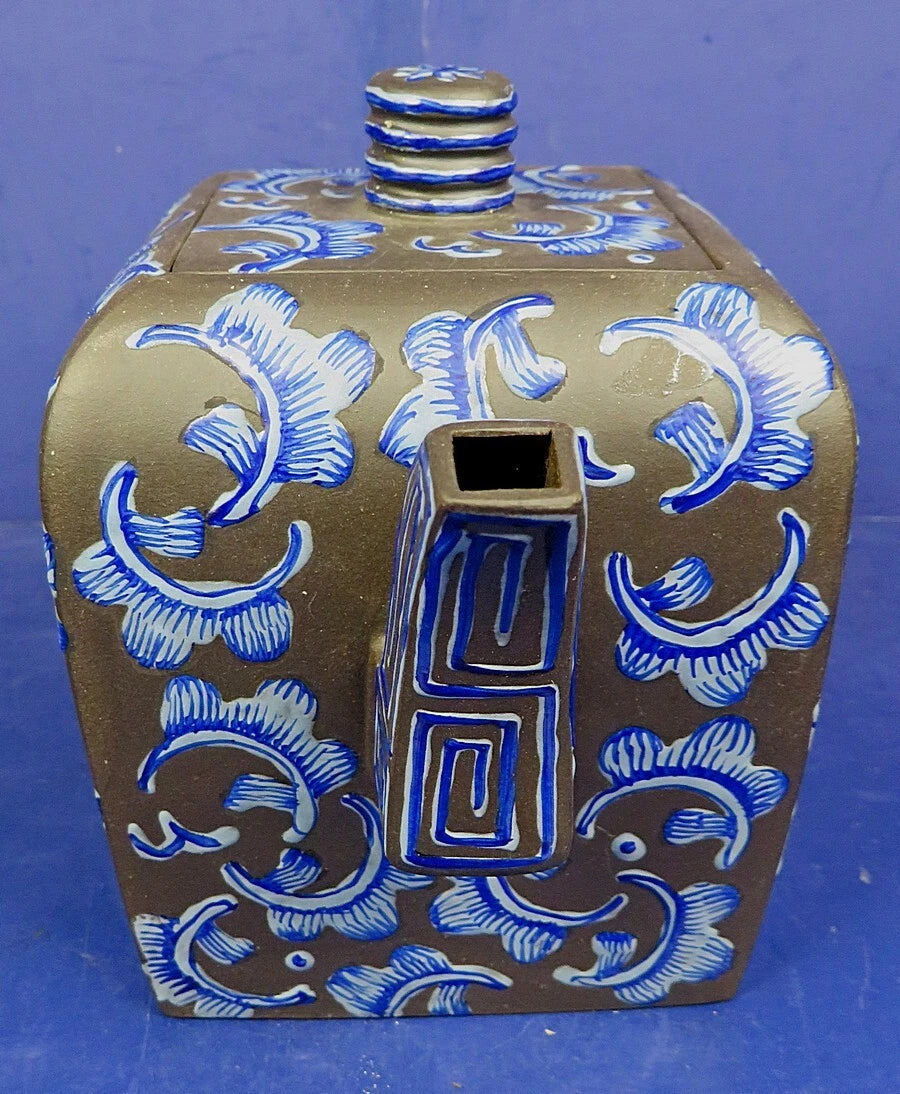 VINTAGE CHINESE YIXING ZISHA CLAY ENAMELED CUBIC FORM TEAPOT