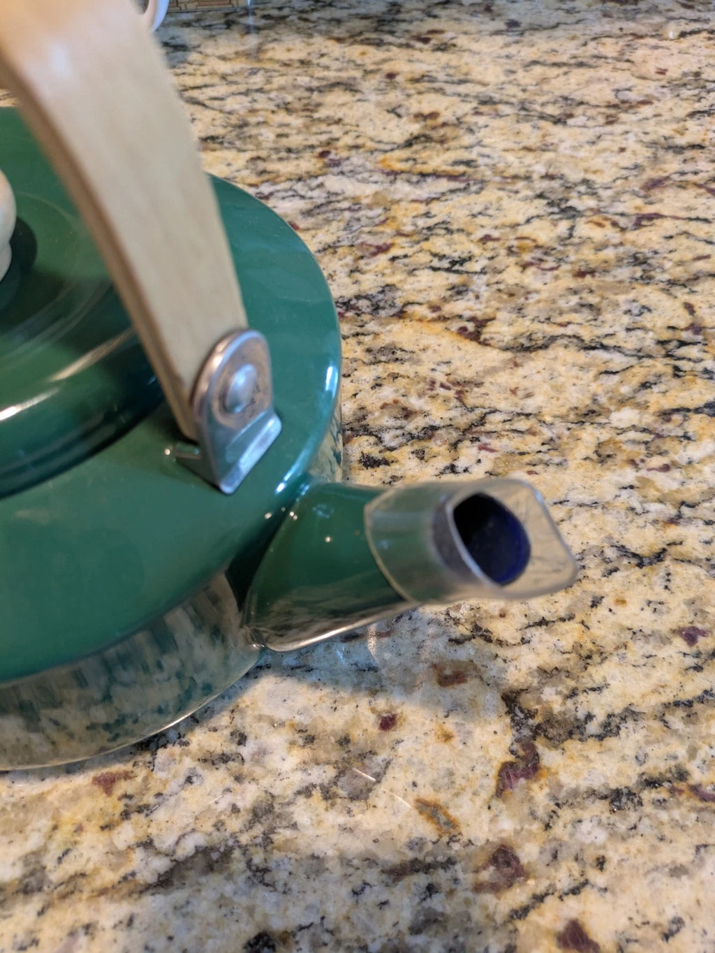 Vintage Green Enamel Tea Kettle with Wood Handle