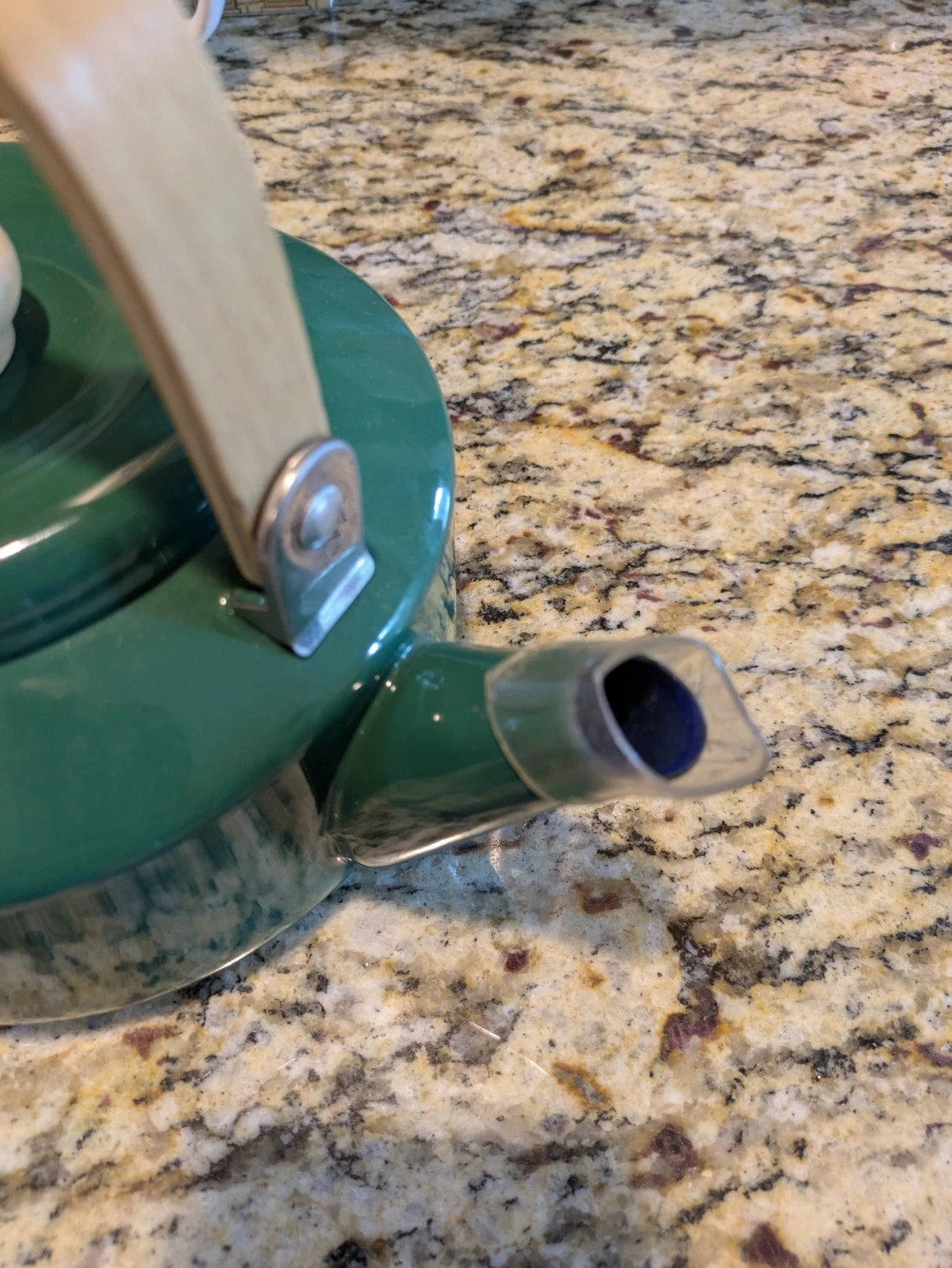 Vintage Green Enamel Tea Kettle with Wood Handle