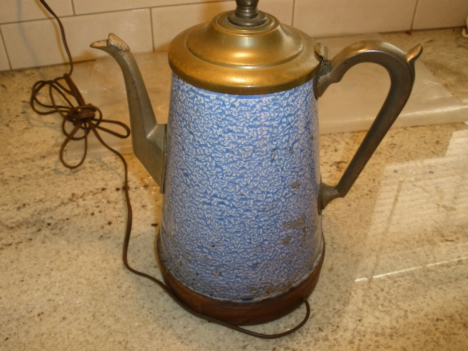 Vintage Enamel & Metal Blue Coffee Tea Pot Electric Lamp 21" Tall WORKS