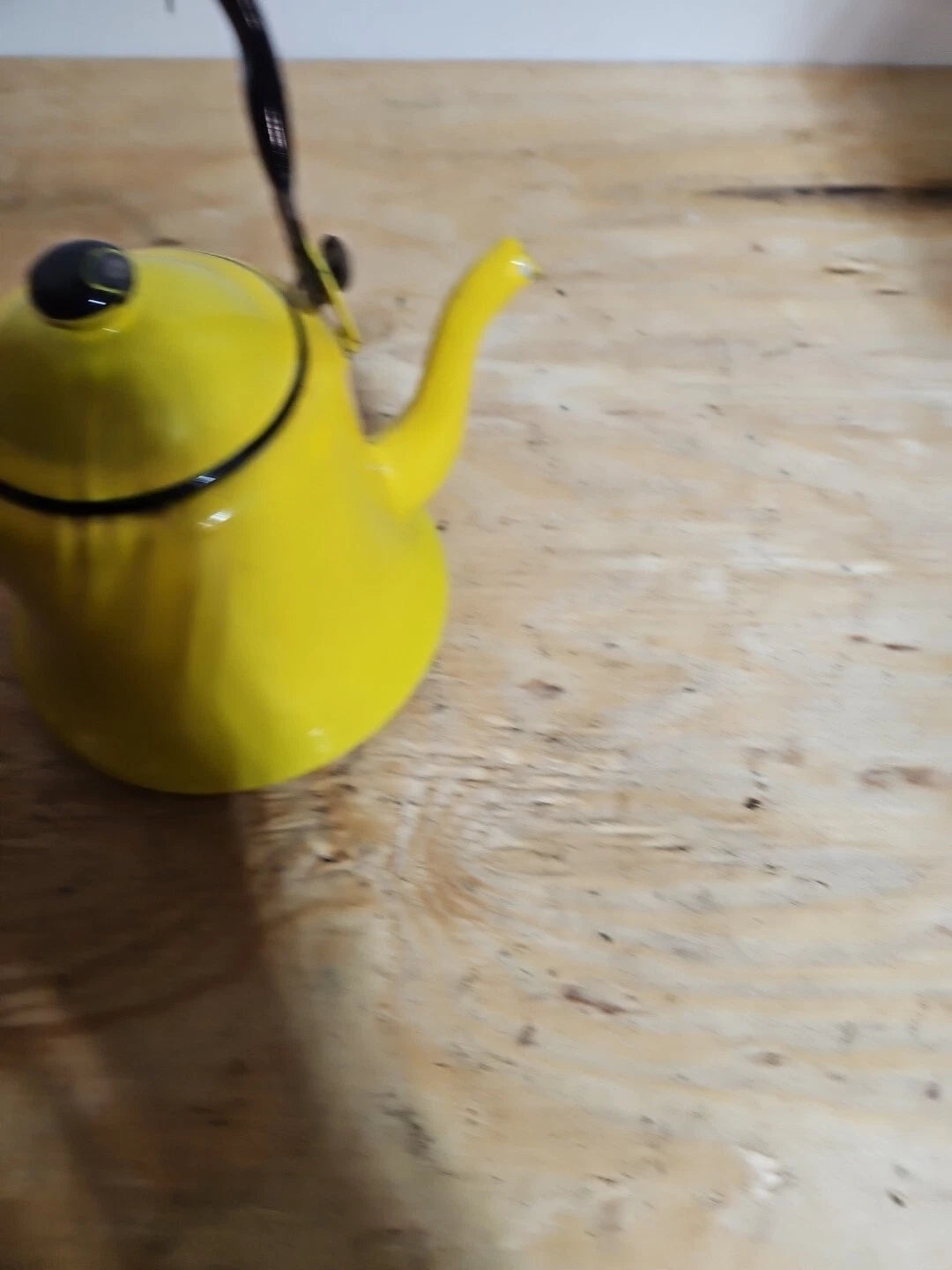 Vintage yellow and black enamel teapot kettle with handle and lid Japan