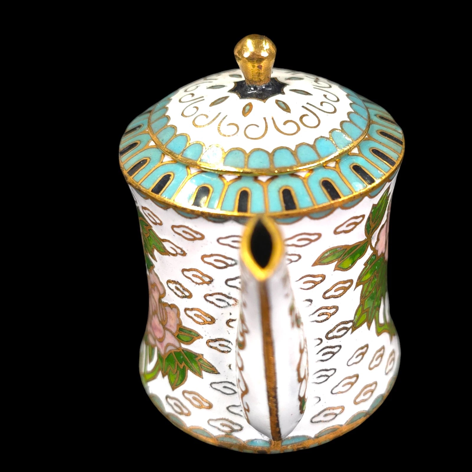 Vintage Enamel Cloisonne Miniature Teapot, Pink Rose Floral, Turquoise, 2.5" H