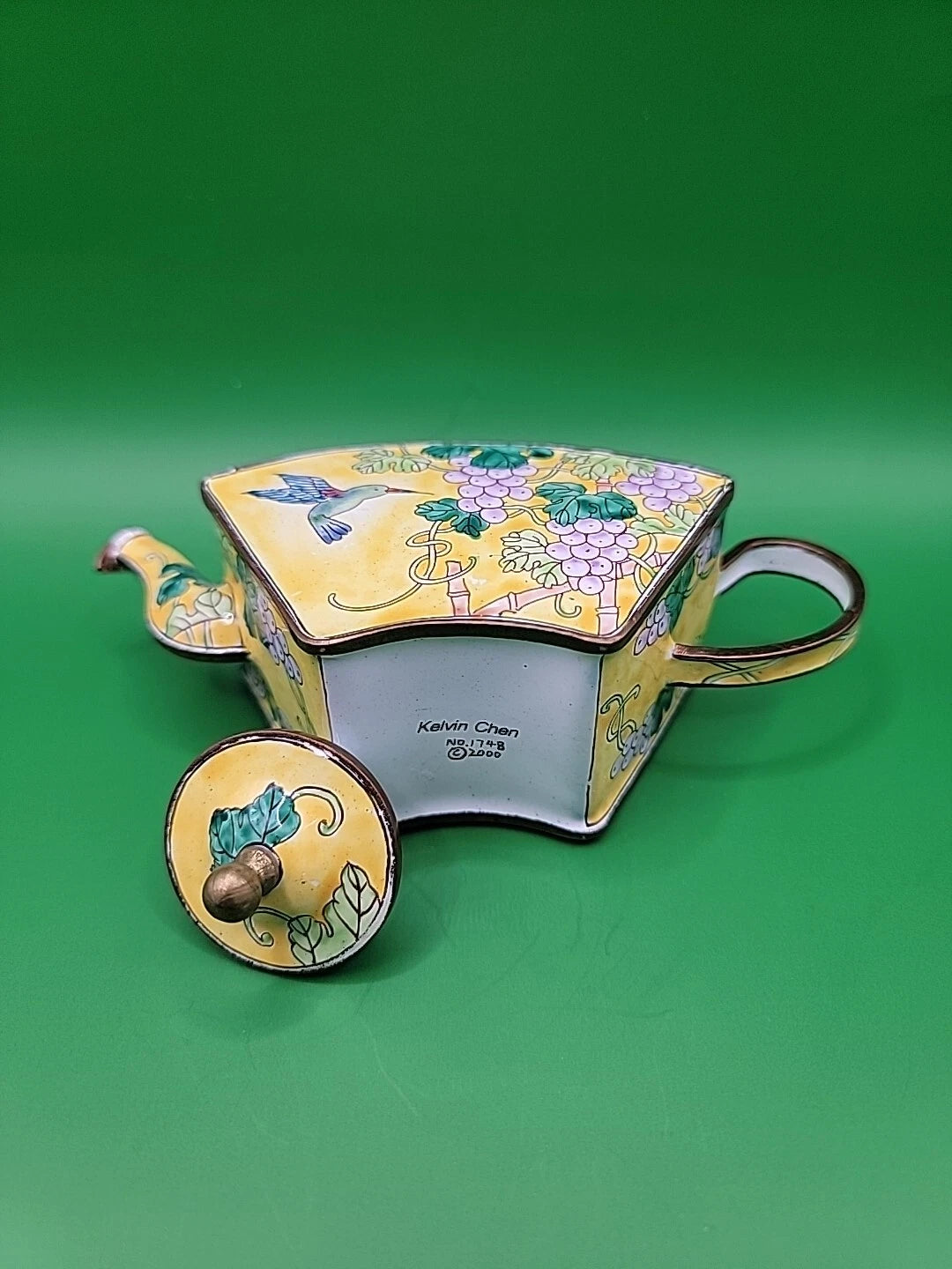 Kelvin Chen Miniature Teapot Porcelain Piece With Hummingbird and Grapes