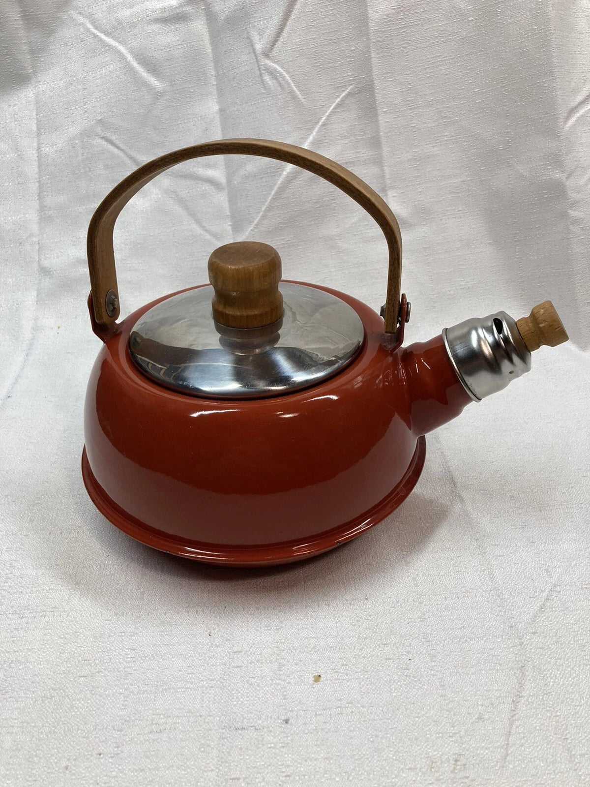 Vintage Teapot Kettle Brown MCM Retro Wooden Handle Japan Coffee Enamel