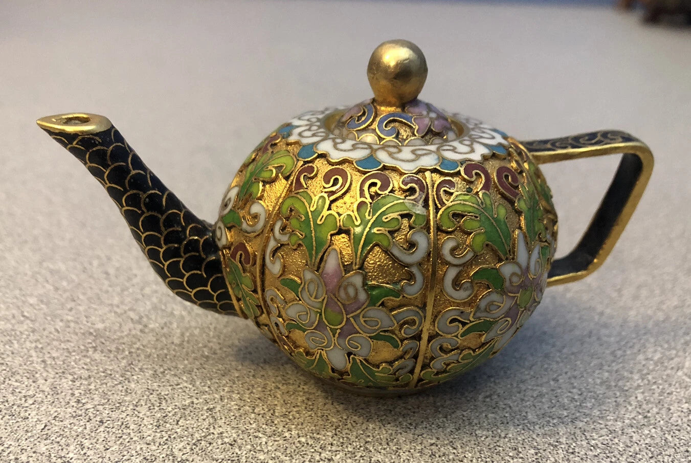 Vintage Cloisonne Enamel and Bronze Small "Pumpkin" Teapot, Black Tip, Pink Top