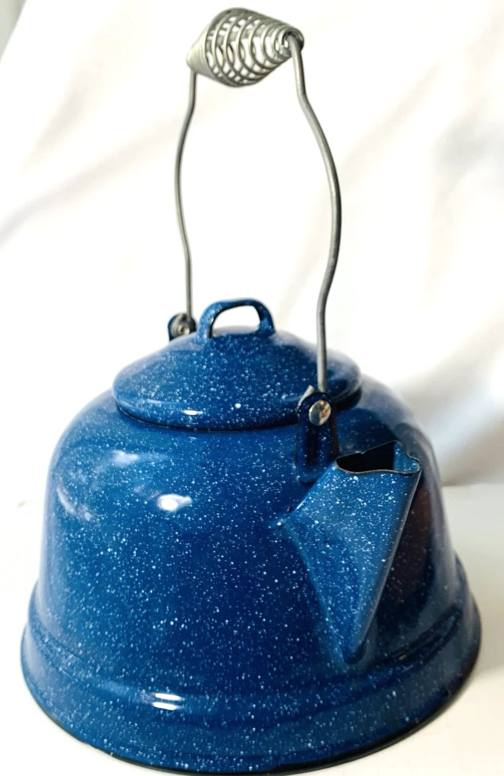 Vintage Cobalt Blue & White Speckled Enamelware Tea Pot Camping Kettle