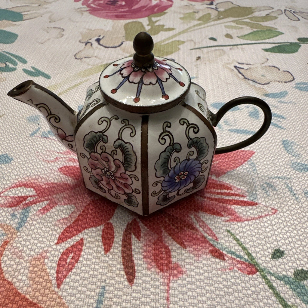 Mini Chinese Cloisonné Enameled Floral Glaze White Blue Pink Teapot 4” L - 3” H