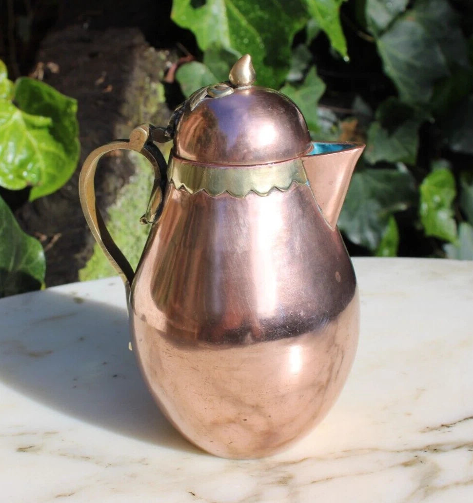 Antique Tea Pot Blue Enamel Chinese Solid Copper w/Brass Handle 6.25" Vintage