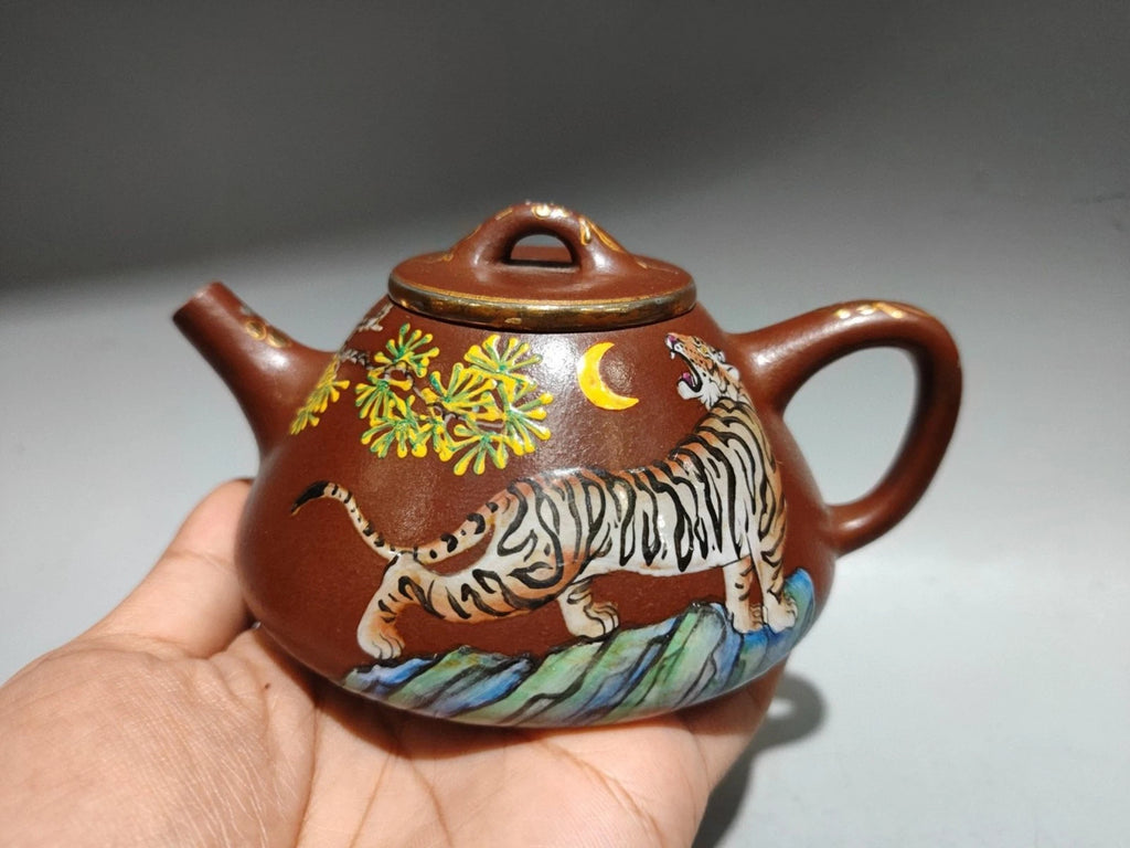 Yixing Zisha Pot Scholarly Aesthetic Kettle Ceramic Enameled Gilded Carved Tiger