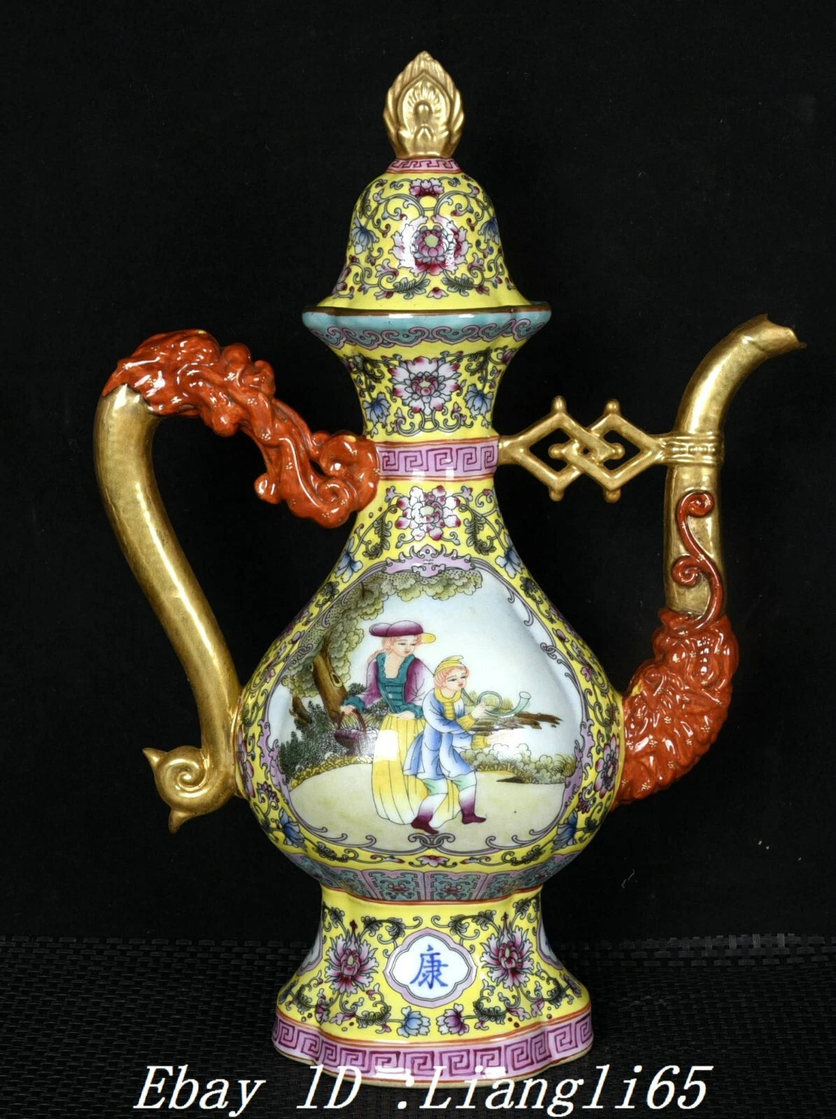12.5" Qing Enamel Colour Porcelain Gilt Dragon Handle Beauty Wine Tea Pot Flagon-